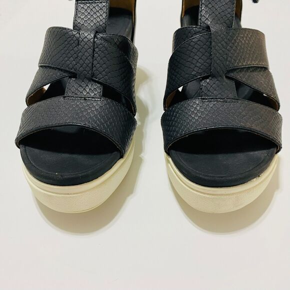 DR. SCHOLLS Women's Leather Platform‎ Chunky Sandals Comfort Sz 8 M Black White - Picture 12 of 13
